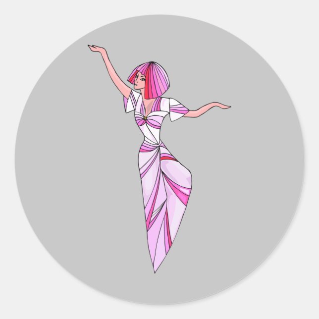 Pink funky tänzerin girl mit rosa haar runder aufkleber (Vorderseite)