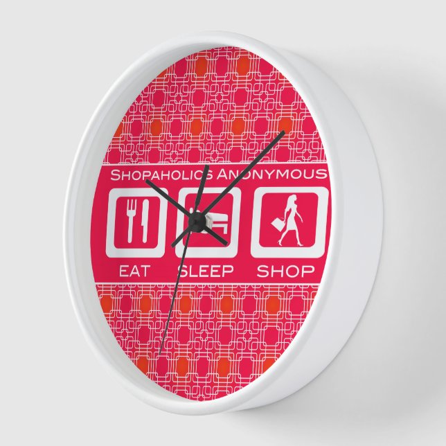 Pink Funny Shopaholic Eat Sleep Shop Award Wanduhr (Winkel)