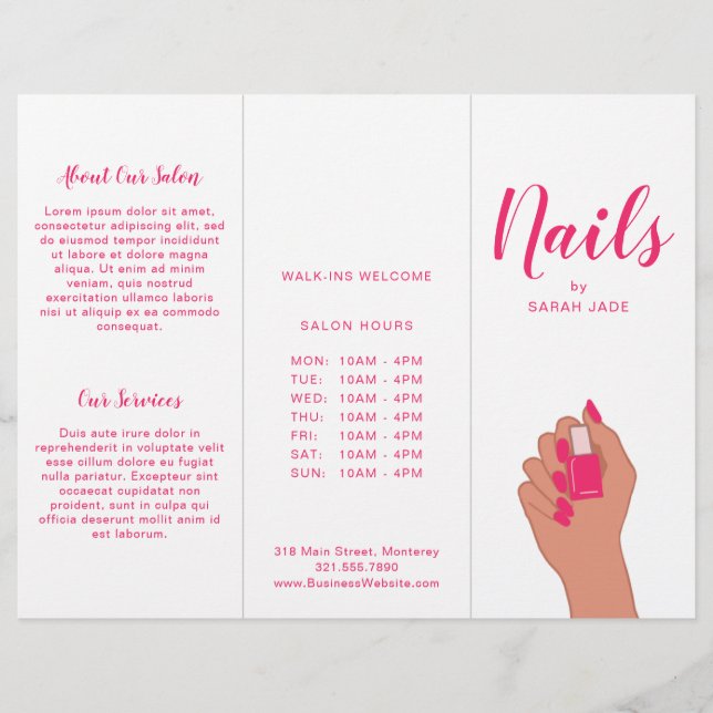 Pink Fuschia Modern Nail Salon Trifold Broschüre (Vorderseite)