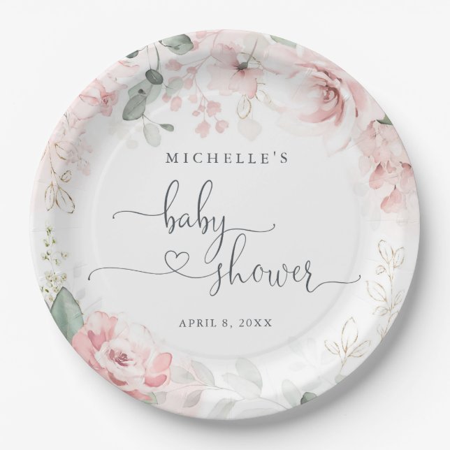 Pink Garden Floral Baby Dusche Papier Teller (Vorderseite)