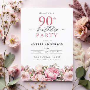 Pink Garden Floral Kalligraphie 90. Geburtstag Einladung