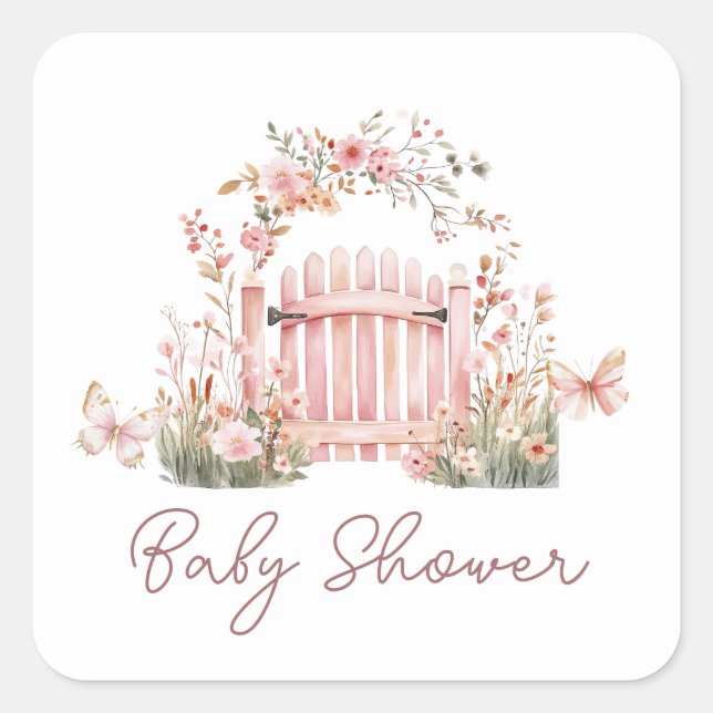 Pink Garden Girl Babydusche Square Stick Quadratischer Aufkleber (Vorderseite)