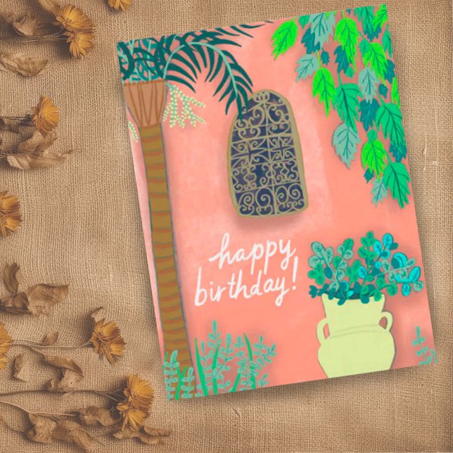 Pink Garden Wall Exotic Palmen Tree GLÜCKLICH GEBU Postkarte (Cute garden wall happy birthday custom postcard)