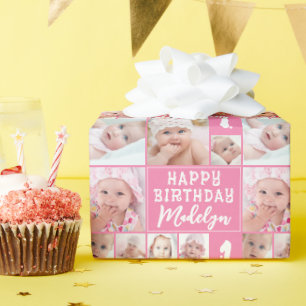 Pink Geburtstag 8 Foto-Collage Name Alter Geschenkpapier