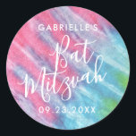 Pink Gefärbte Krawatte Bat Mitzvah Party Vielen Da Runder Aufkleber<br><div class="desc">Rosa,  Türkis und Aqua Blue Gefärbte Krawatte Personalisierter Aufkleber für ein Hippie Chic Bat Mitzvah mit individuelle Name und Datum Text,  ist ideal für Einladungen Umschlag Aufkleber und zu bevorzugen Etiketten. Teil einer Kollektion von Paper Traube für Zazzle.</div>