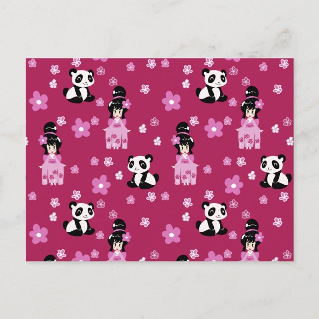 Pink Geisha Panda Blume Pattern Postkarte (Vorderseite)
