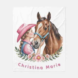 Pink gekleidete Cowgirl, die ein Pferd küsst, Gebu Fleecedecke