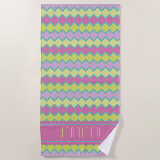 Pink-Gelb-Aqua-Geometrie-Muster Personalisiert Strandtuch (Vorderseite)