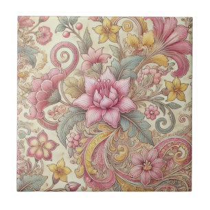 Pink Gelb Blau Boho Floral Indonesischer Batik Fliese