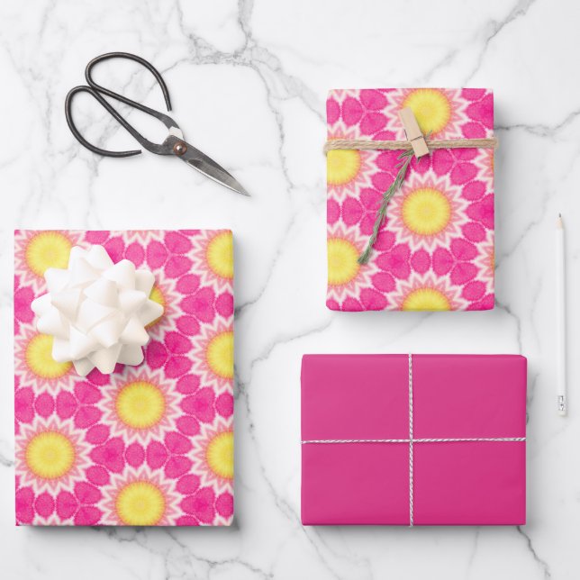 Pink-gelbe Sonnenblumen-Kartonpapier-Blätter Geschenkpapier Set (Vorderseite)