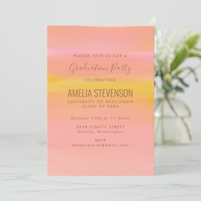 Pink-gelbe Streifen Graduierungsparty Einladung (Stehend Vorderseite)