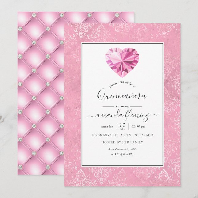 Pink Gemstone Quinceañera Einladung (Vorne/Hinten)