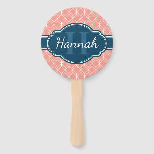 Pink Geometric Diamond Muster Blue Monogram Fächer