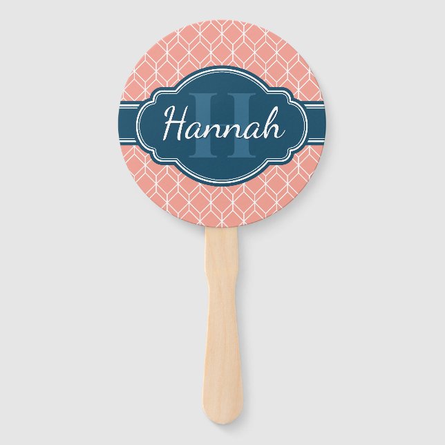 Pink Geometric Diamond Muster Blue Monogram Fächer (Vorderseite)