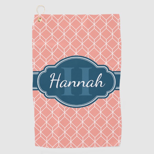 Pink Geometric Diamond Muster Blue Monogram Golfhandtuch (Vorderseite)