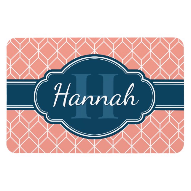 Pink Geometric Diamond Muster Blue Monogram Magnet (Horizontal)