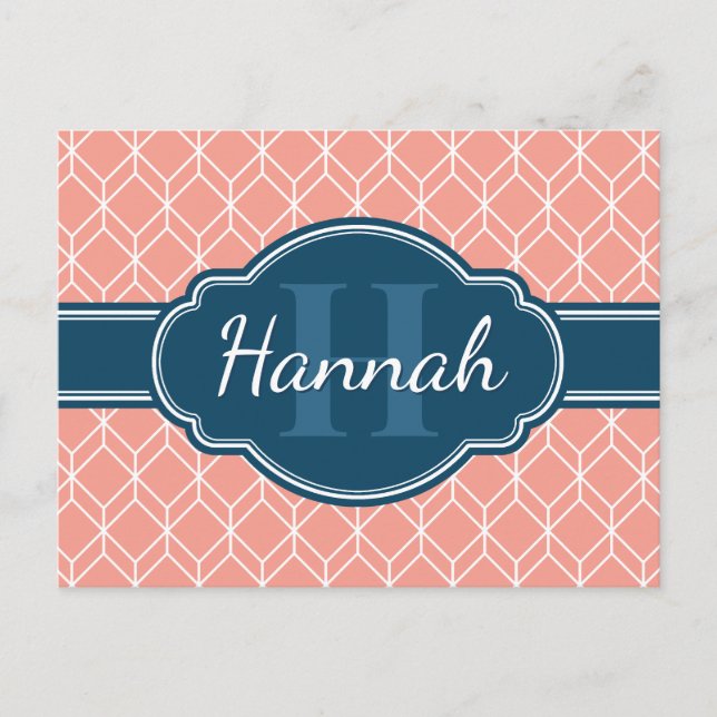 Pink Geometric Diamond Muster Blue Monogram Postkarte (Vorderseite)