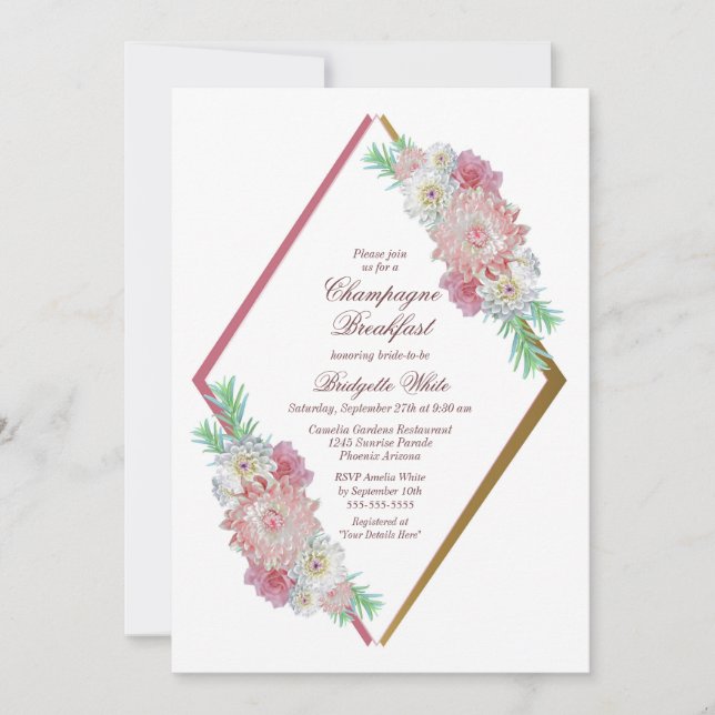Pink Geometric Floral Champagne Frühstück Einladung (Vorderseite)