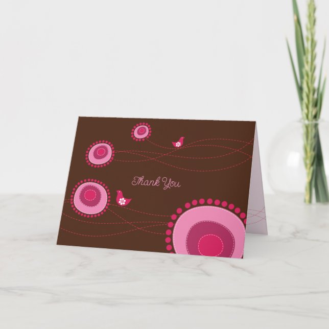 Pink gepunktete Blume und glückliche Vögel Whimsic Dankeskarte (Vorderseite)