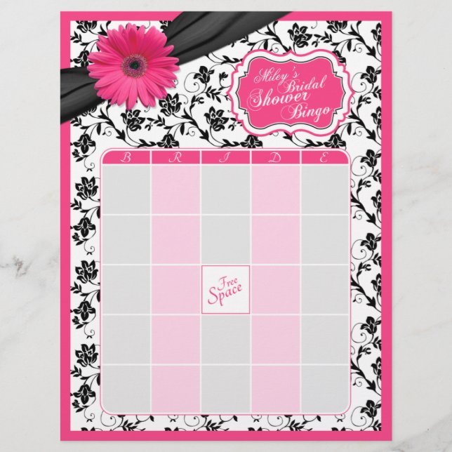 Pink Gerber Daisy Black Floral Brautparty Bingo (Vorderseite)
