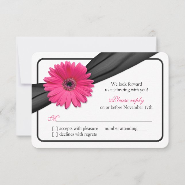 Pink Gerber Daisy Black Ribbon Wedding RSVP (Vorderseite)