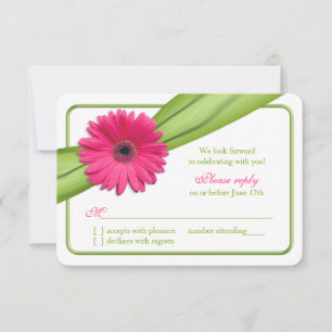 Pink Gerber Daisy Green Ribbon Wedding RSVP Karte