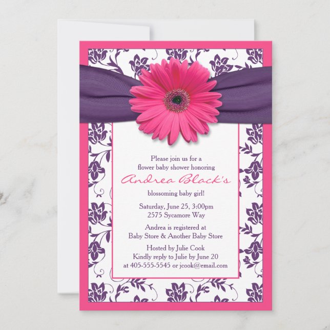 Pink Gerber Daisy Lila Floral Ribbon Babydusche Einladung (Vorderseite)