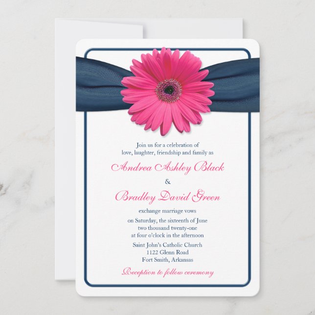 Pink Gerber Daisy Navy Ribbon Wedding Einladung (Vorderseite)