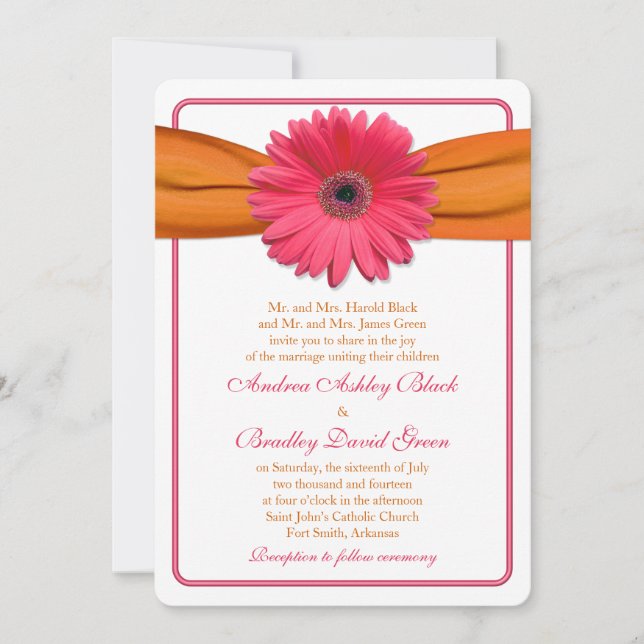 Pink Gerber Daisy Orange Ribbon Wedding Rounded Einladung (Vorderseite)