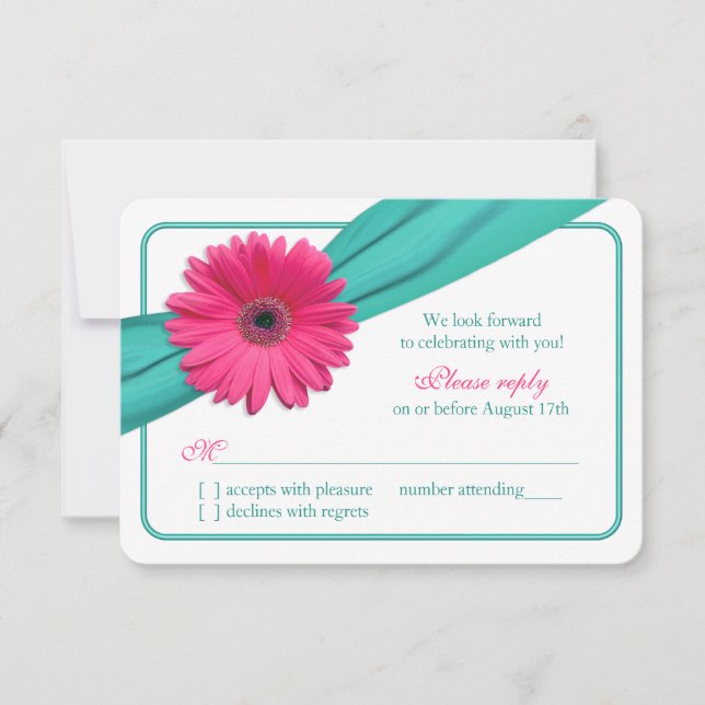 Pink Gerber Daisy Türkis Ribbon Wedding RSVP Karte (Vorderseite)