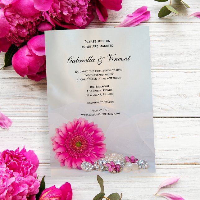 Pink Gerber Daisy und Buttons Hochzeit Einladung (Invite guests to your marriage ceremony with the pretty Pink Daisy and Buttons Wedding Invitation.)