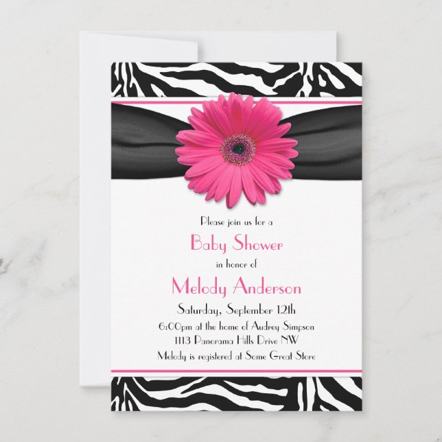 Pink Gerber Daisy Zebra Print Girl Baby Dusche Einladung (Vorderseite)