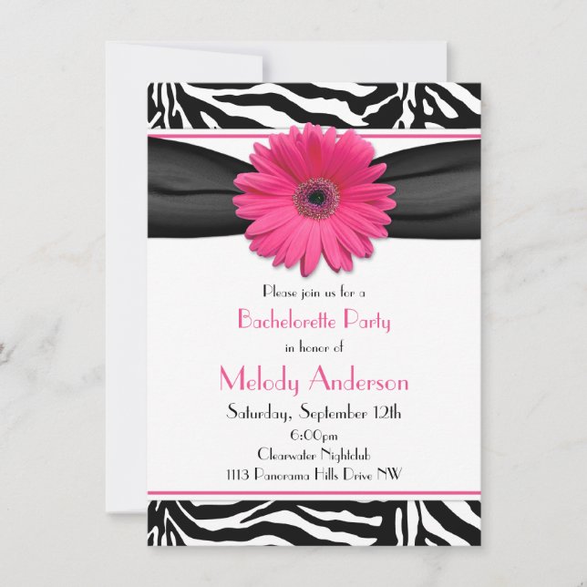 Pink Gerber Daisy Zebra Print Junggeselinnen-Absch Einladung (Vorderseite)