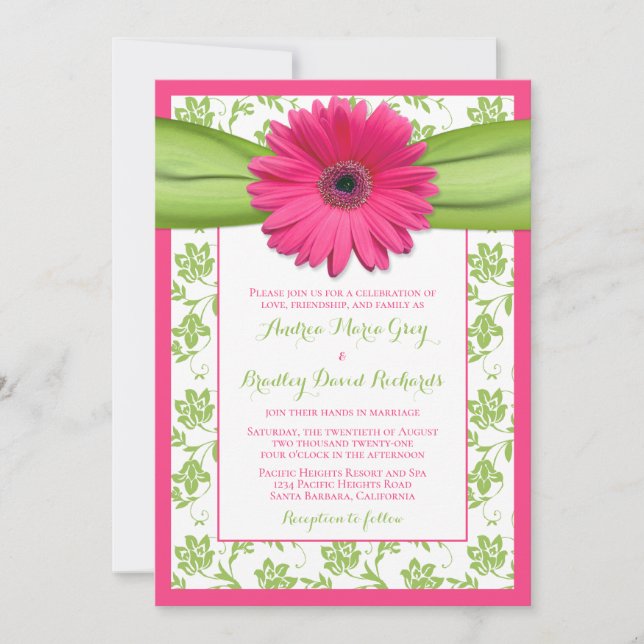 Pink Gerber Green Floral Damask Einladung Hochzeit (Vorderseite)