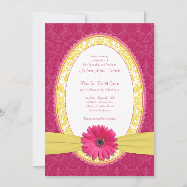 Pink Gerber Lemon Yellow Damask Einladung zur Hoch (Vorderseite)