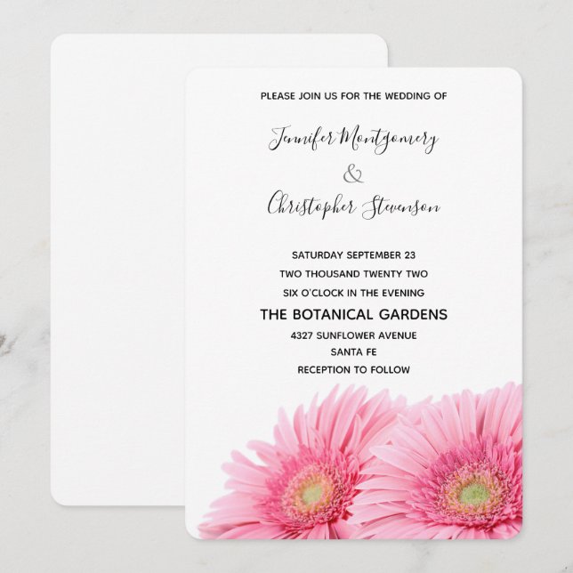 Pink Gerbera Daisies Elegantes Foto Hochzeit Einladung (Vorne/Hinten)