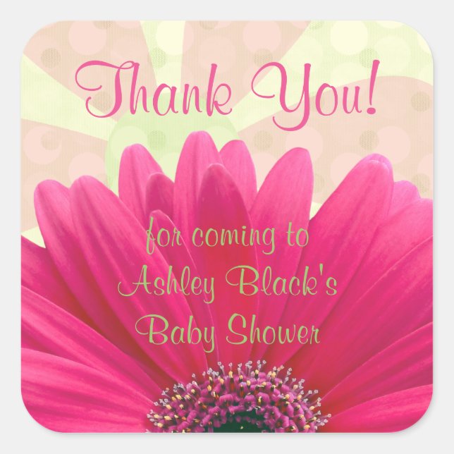 Pink Gerbera Daisy Baby Dusche Vielen Dank Quadratischer Aufkleber (Vorderseite)