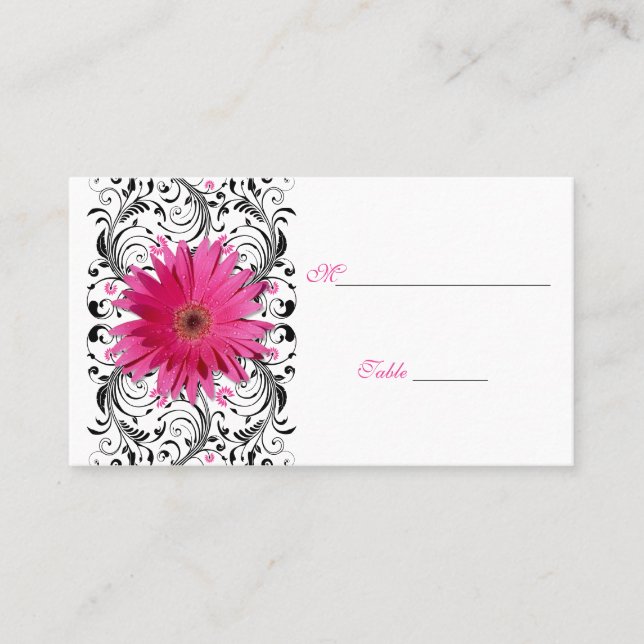 Pink Gerbera Daisy Black Floral Platzkarte (Vorderseite)