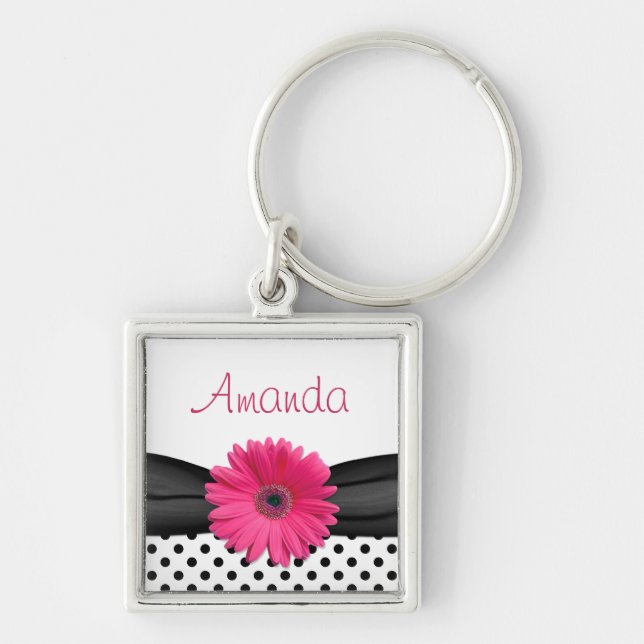 Pink Gerbera Daisy Black Polka Dot Individuelle Na Schlüsselanhänger (Vorne)