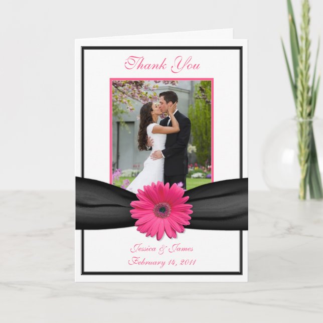 Pink Gerbera Daisy Black Wedding Foto Vielen Dank Dankeskarte (Vorderseite)