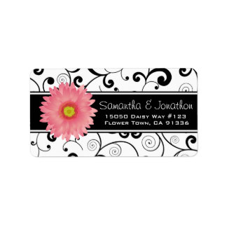 Pink Gerbera Daisy Black & White Scroll Adressaufkleber