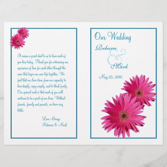 Pink Gerbera Daisy Blue Wedding Programme (Devant)