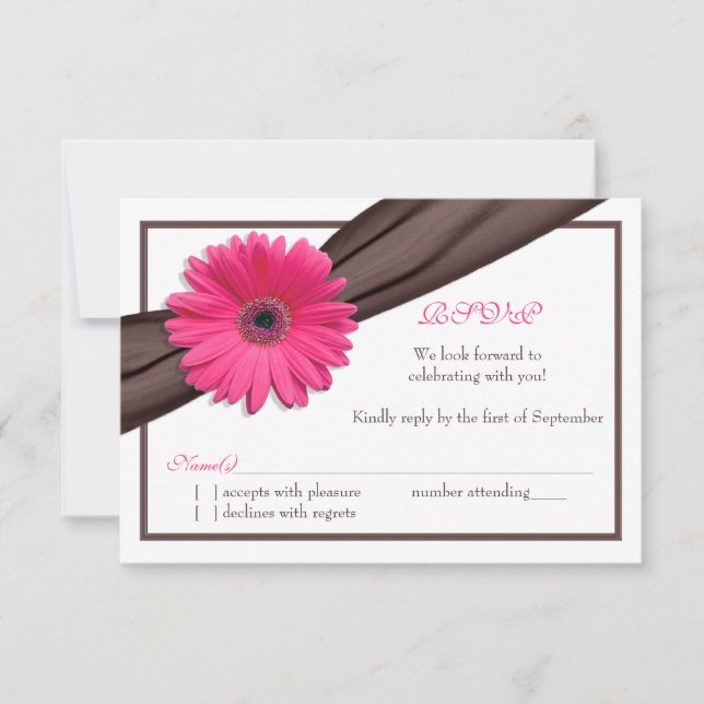 Pink Gerbera Daisy Brown Ribbon Wedding Repcard RSVP Karte (Vorderseite)