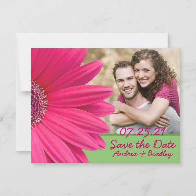 Pink Gerbera Daisy Green Foto Wedding Save The Date (Vorderseite)
