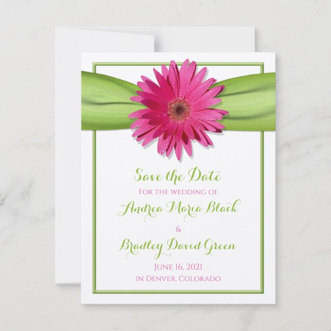Pink Gerbera Daisy Green Ribbon Save the Date (Vorderseite)
