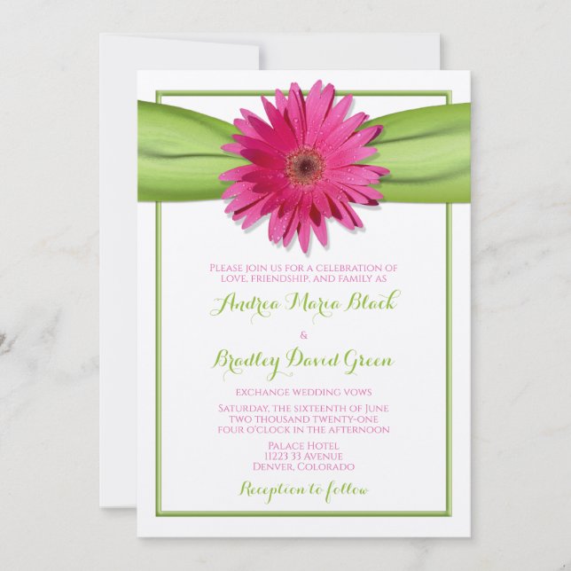 Pink Gerbera Daisy Green Ribbon Wedding Einladung (Vorderseite)