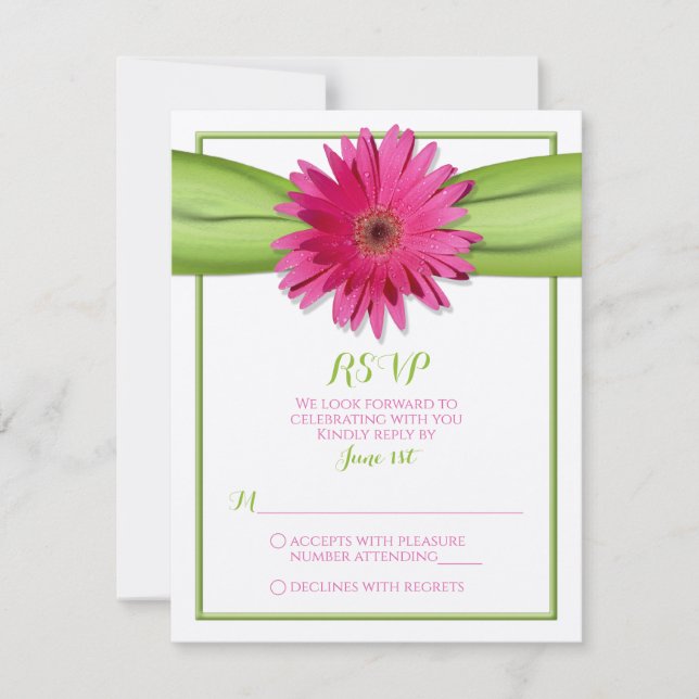 Pink Gerbera Daisy Green Ribbon Wedding RSVP Karte (Vorderseite)