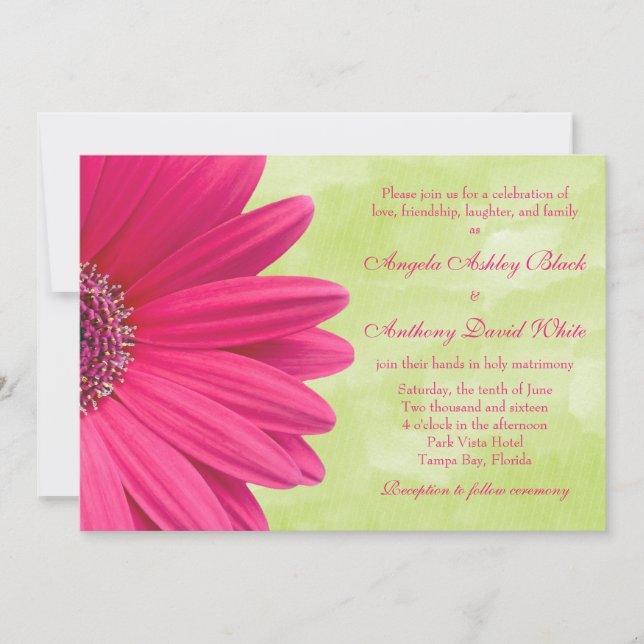 Pink Gerbera Daisy Green Wedding Einladung (Vorderseite)