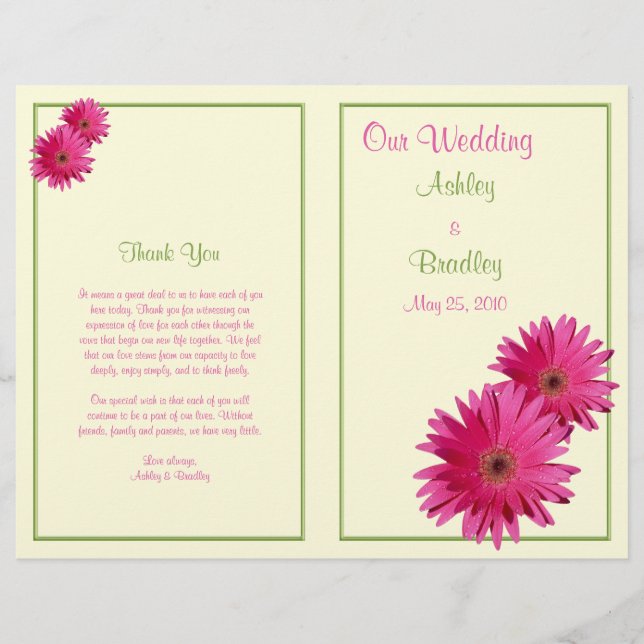 Pink Gerbera Daisy Green Wedding Program (Vorderseite)