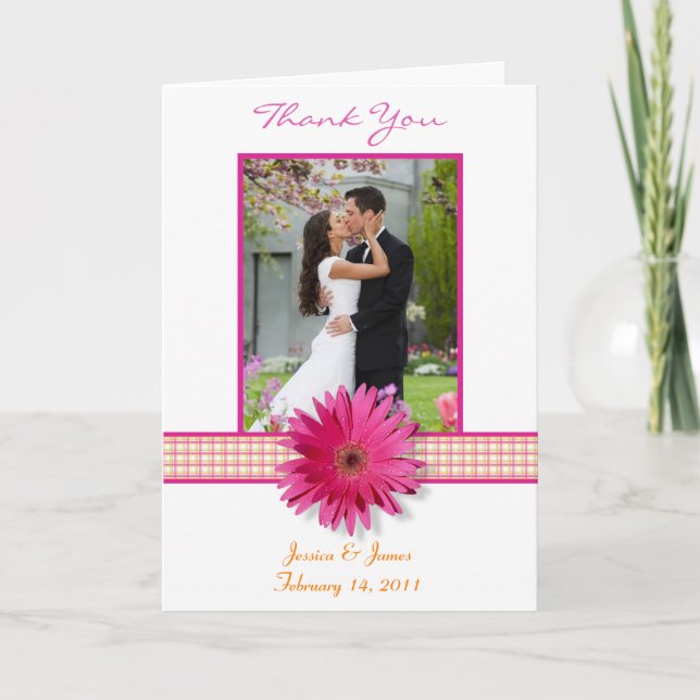 Pink Gerbera Daisy Kariert Wedding Foto Vielen Dan Dankeskarte (Vorderseite)